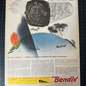 Könnte beinhalten: Eine Vintage-Werbung für Bendix, ein Unternehmen, das Luftfahrttechnologie liefert. Die Anzeige zeigt eine Schwarzweißillustration eines Flugzeugs, das durch die Luft fliegt, mit einem Kompass und einer Karte im Hintergrund. Der Text lautet "Air Position Indicator" und "Places planes on target and directs them safely home." Die Anzeige enthält auch eine Liste von Bendix-Produkten, darunter "Magnetics", "Electro-Mechanics", "Optics", "Carburettion", "Hydraulics" und "Aerology".