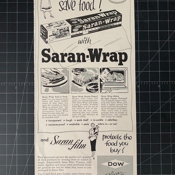 Vintage 1952 saran wrap dow plastics print ad