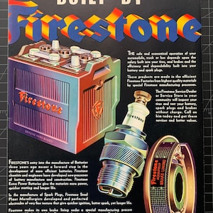 Vintage 1934 firestone tires - sparkplugs - brake linings print advertisement