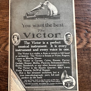 Rare Antique 1910s Victor Victrola “His Masters Voice” Print Ad
