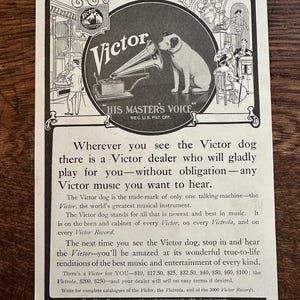 Rare Antique 1910s Victor Victrola “His Masters Voice” Print Ad