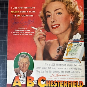 Vintage 1949 Chesterfield Cigarettes Print Ad - Joan Crawford
