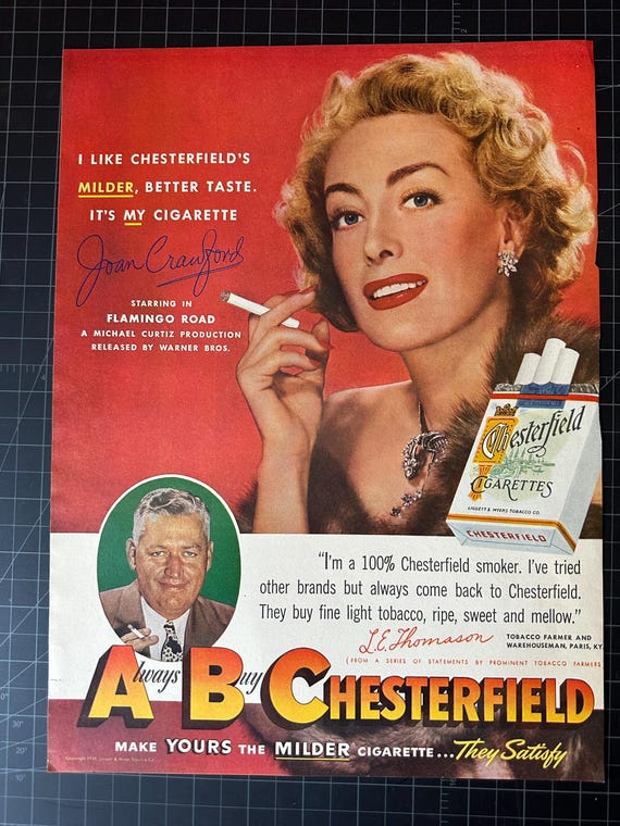 Vintage 1949 Chesterfield Cigarettes Original Advertisement - Joan Crawford 
