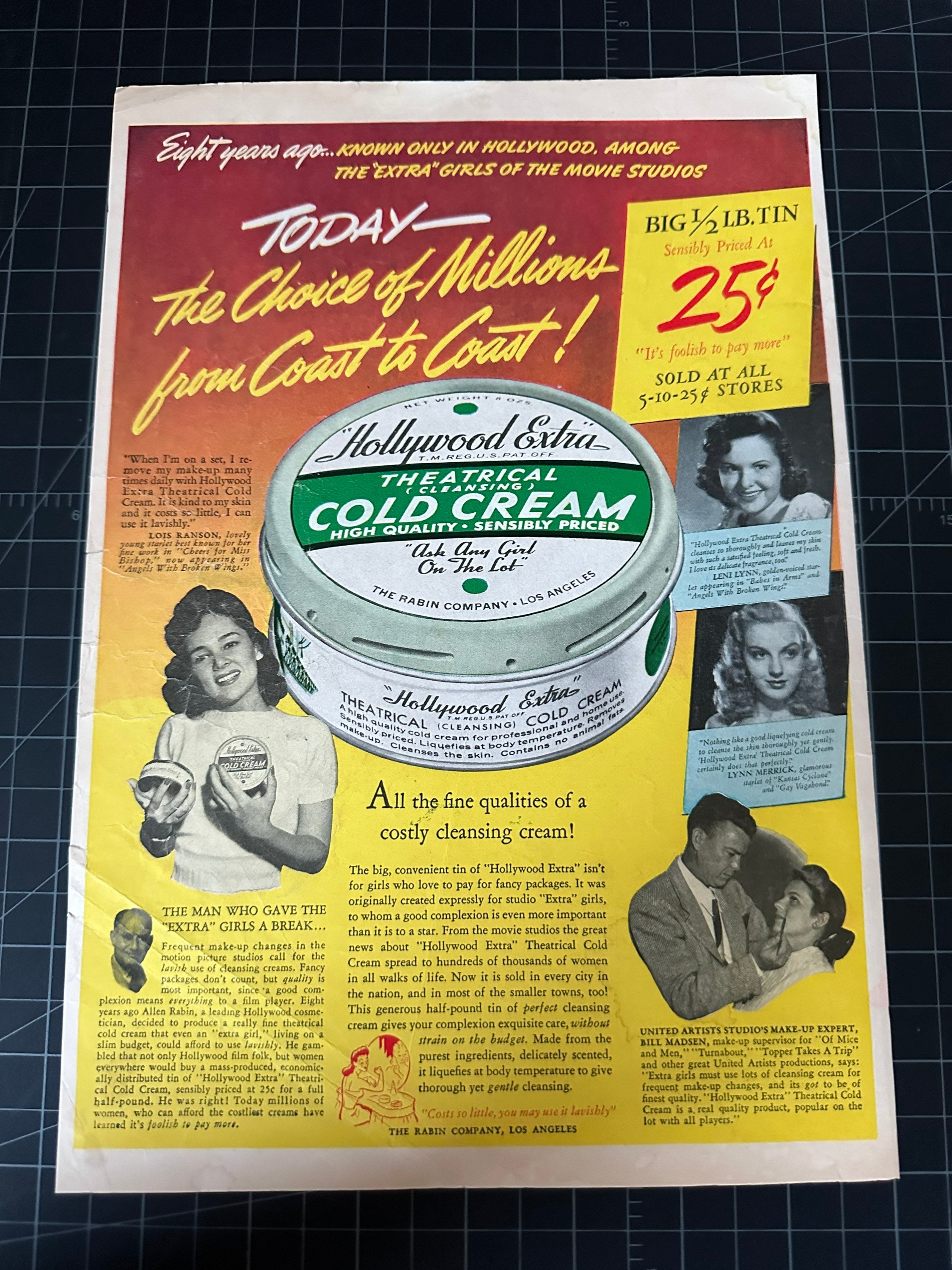 Vintage 1940s Hollywood Extra Cold Cream Original Advertisement - Etsy