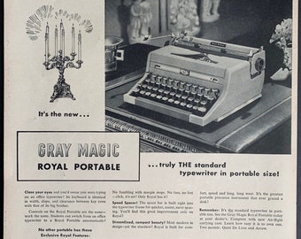 Vintage 1945 grey magic royal tragbare Schreibmaschine Druckanzeige