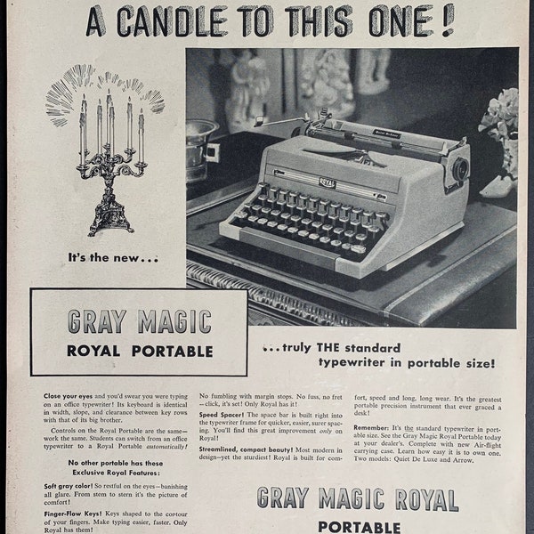 Vintage 1945 gray magic royal portable typewriter print ad