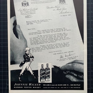 May include: Vintage advertisement for Johnnie Walker Blended Scotch Whisky. The black and white image features a letter, a drawing of a man, and two bottles of whisky. Text includes "Red Label 8 years old" and "Black Label 12".