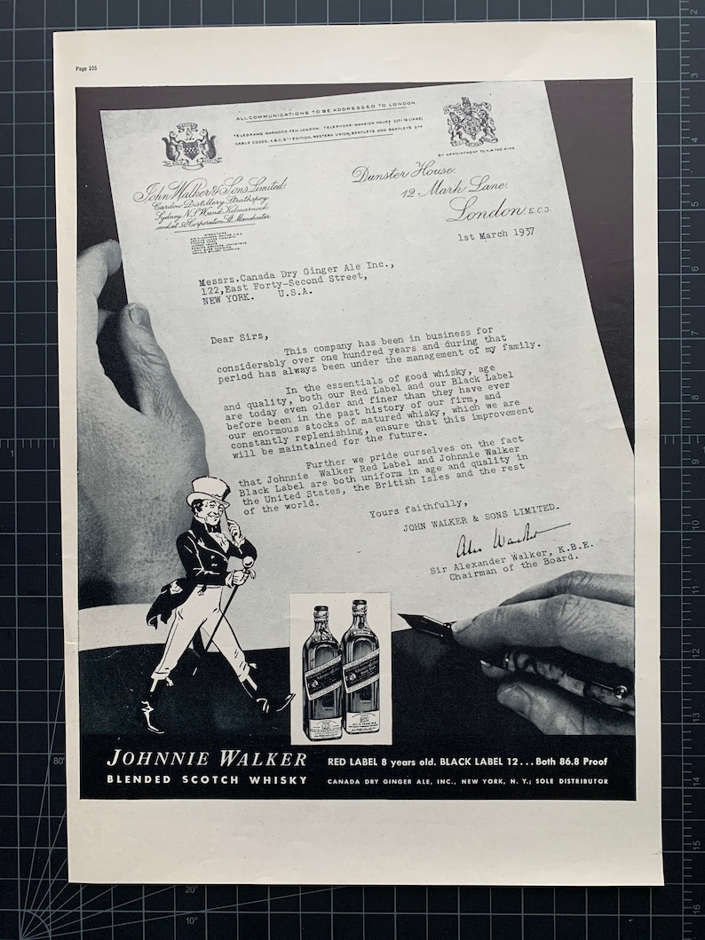 May include: Vintage advertisement for Johnnie Walker Blended Scotch Whisky. The black and white image features a letter, a drawing of a man, and two bottles of whisky. Text includes "Red Label 8 years old" and "Black Label 12".