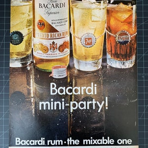 May include: A vintage advertisement for Bacardi rum featuring three glasses of mixed drinks with the text "Bacardi mini-party!" and "Bacardi rum - the mixable one".