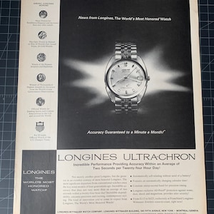 Vintage 1960s longines ultra-chron watches print advertisement retro gift decor