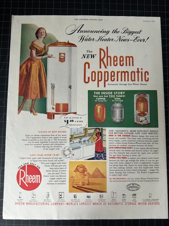 Vintage 1954 Rheem Water Heater Print Ad - Etsy