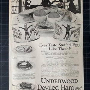 May include: Vintage advertisement for Underwood Deviled Ham and Deviled Tongue. The ad features a red devil mascot and a tagline: "Branded with the Devil, but Fit for the Gods".