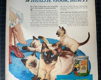 Anuncio impreso de comida para gatos Vintage 1950s puss n boots