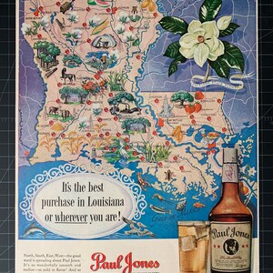 Vintage 1950 Paul Jones Whiskey Print Ad - Louisiana Mapvintage