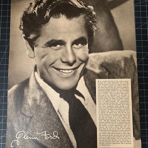 Vintage 1943 glenn ford magazine portrait & bio - vintage hollywood star