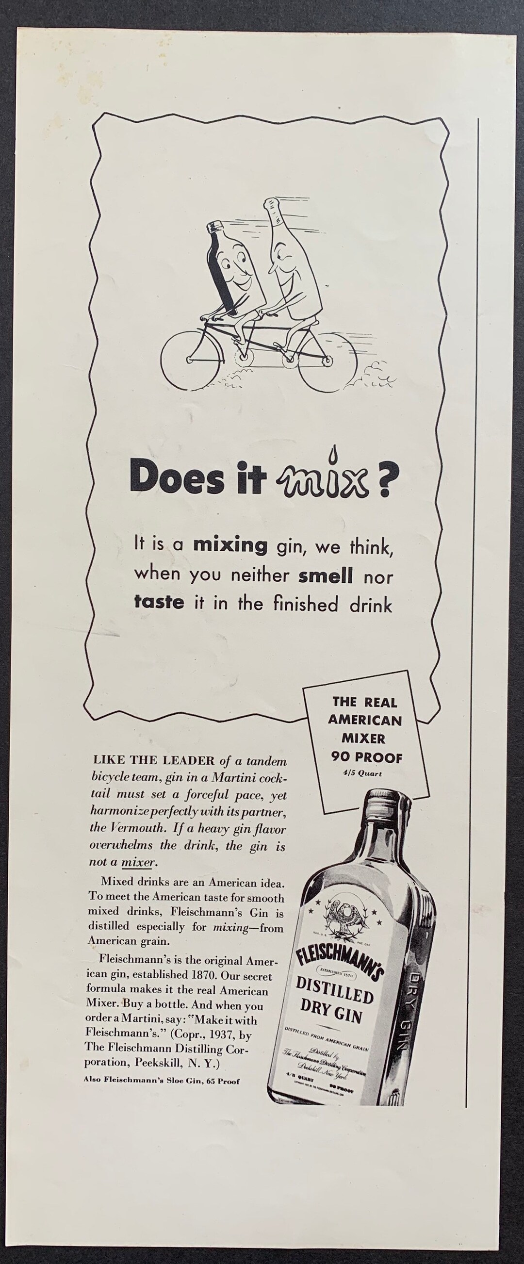 Vintage 1937 Fleischmanns Distilled Dry Gin Ad Etsy