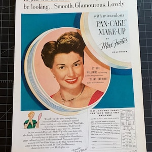 Pubblicità stampata vintage anni &#39;50 dei cosmetici Max Factor - esther williamsvintage