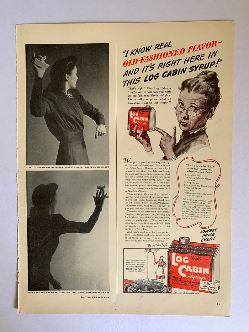 Vintage 1940s Log Cabin Syrup Ad