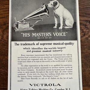 Rare Antique 1910s Victor Victrola “His Masters Voice” Print Ad