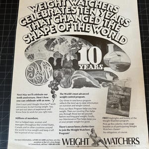 May include: A vintage Weight Watchers advertisement celebrating ten years. The black and white ad features the text "Weight Watchers Celebrates Ten Years That Changed the Shape of the World." Includes a small booklet and a world map.