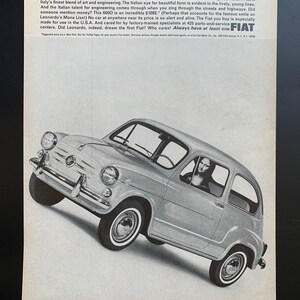May include: A black and white vintage advertisement for the Fiat 600D car. The ad features a photo of the car with the Mona Lisa in the driver's seat. The text reads "Did Leonardo Da Vinci Design the First Fiat?" and highlights the car's Italian design and engineering.