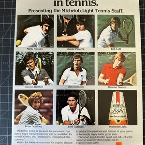 Anuncio impreso vintage de cerveza Michelob de los años 70: estrellas del tenis