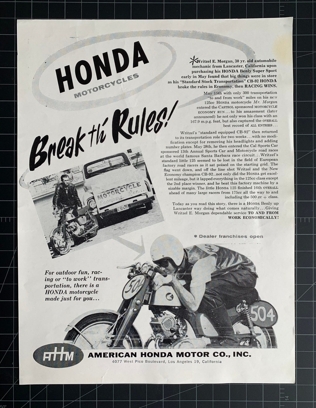 Vintage 1960 Honda Motorcycles Print Ad – Early Honda Racing Era, Classic  Motorcycle Ephemera, “break the Rules!” - Etsy, image size:1080x1394