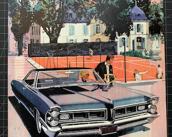 May include: A vintage advertisement for the Pontiac Grand Prix. The ad features a blue car parked in front of a tennis court. The car has a license plate that reads "65-110". The ad text reads "If you still need an excuse to buy it, try it. Pontiac Grand Prix."