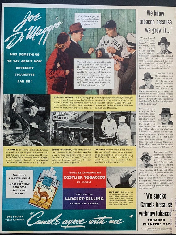 Rare vintage 1938 joe dimaggio new york yankees camel cigarettes print  advertisement