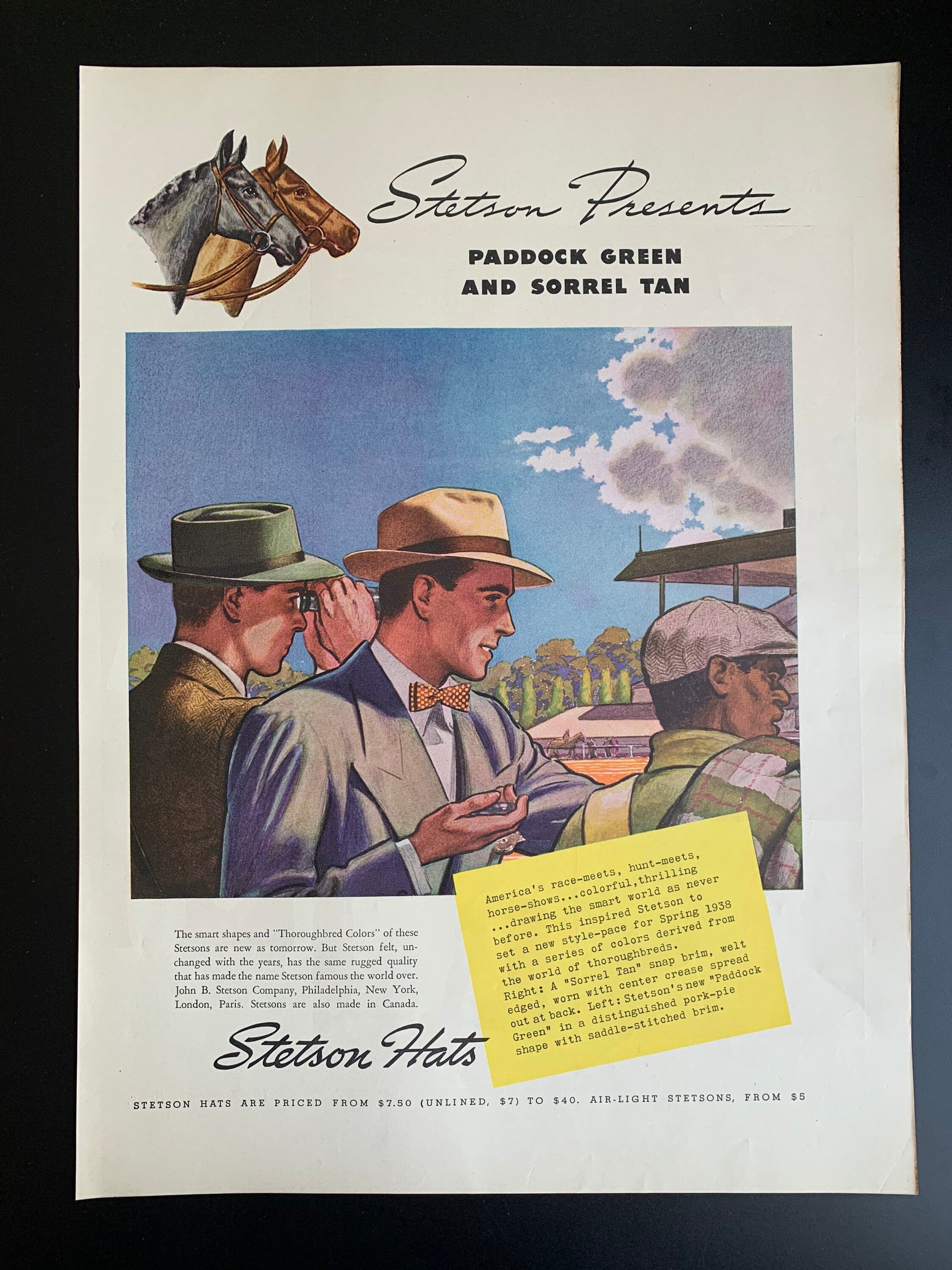 Vintage 1938 Stetson Hats Print Ad 