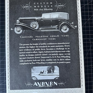Anúncio da Auburn Automobiles de 1931 em revista • Impressão vintage de carro clássico • Publicidade automotiva original da década de 1930