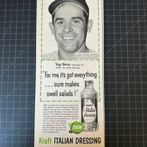 Pubblicità vintage anni '50 su carta kraft per condimento italiano - Yogi Berra