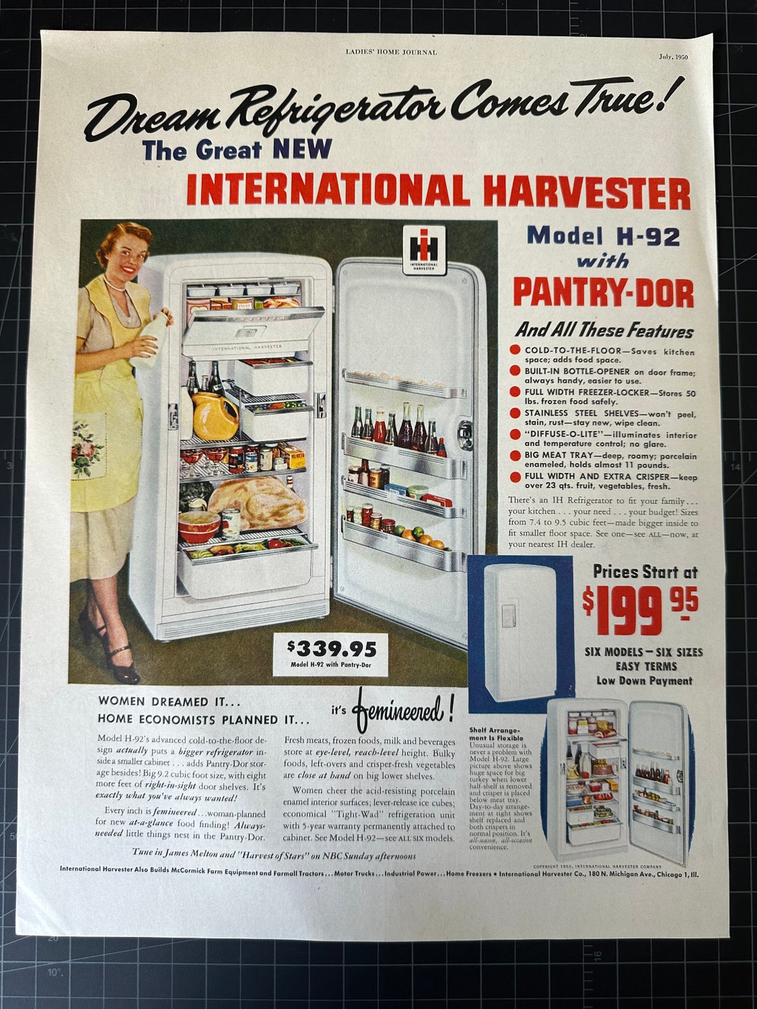 Vintage 1950 International Harvester Refrigerator Print Advertisement