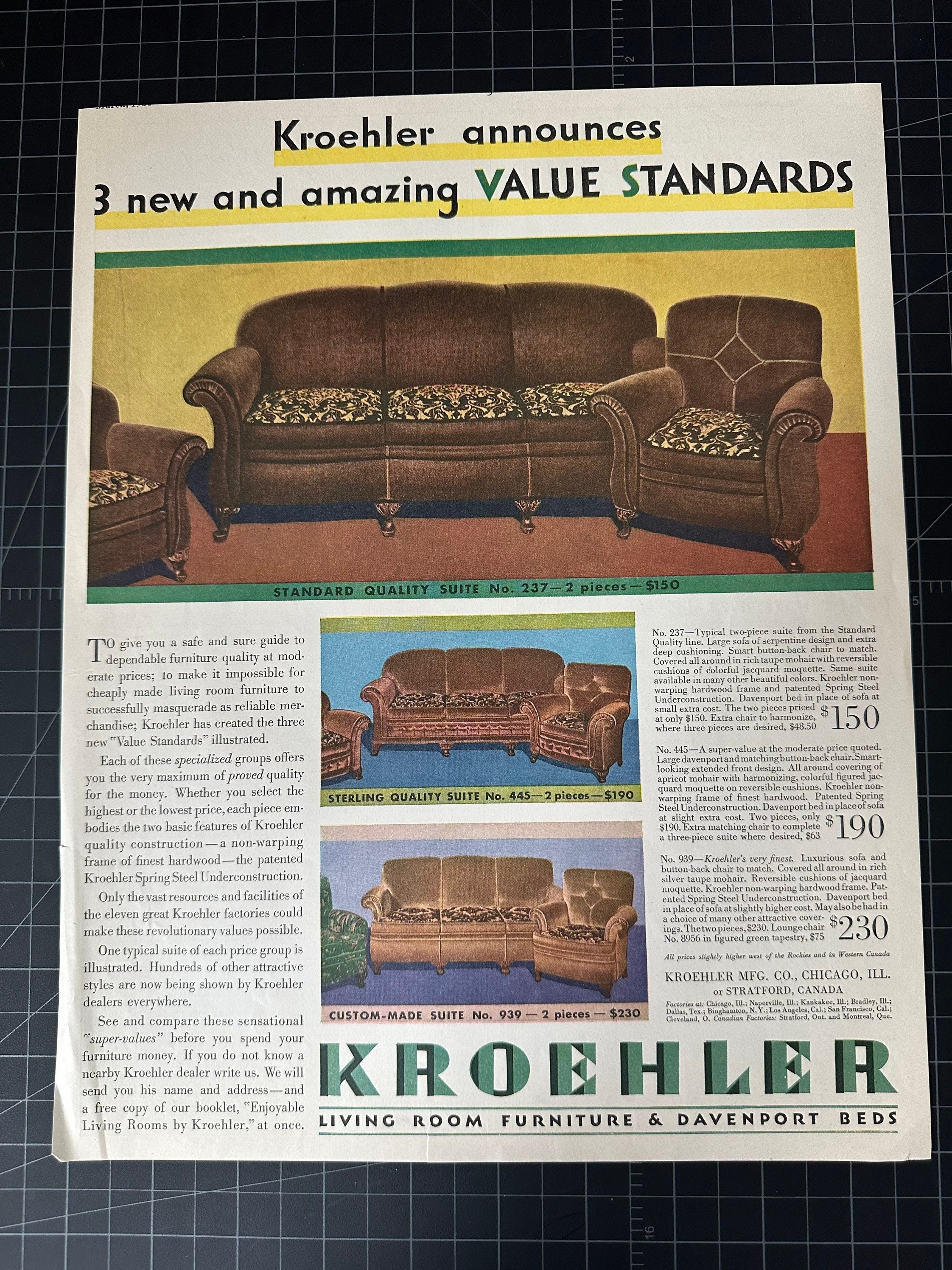 Vintage 1930 kroehler furniture print advertisement