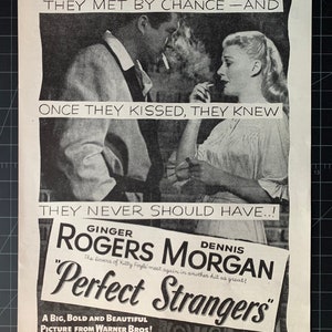 Vintage 1940s “perfect strangers” film print ad - ginger rogers - dennis morganvintage