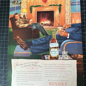 Anuncio impreso vintage de whisky Kinsey de la década de 1940
