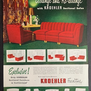 May include: A vintage advertisement for Kroehler sectional sofas. The ad features a red sectional sofa in a living room setting with green walls and patterned curtains. The text highlights the "Cushionized" feature of the sofas and encourages readers to visit their local Kroehler dealer.