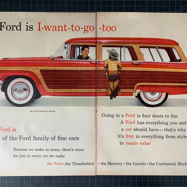 Vintage 1950s ford country squire station-wagon 2-page print ad