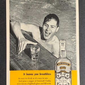 Anuncio impreso vintage de vodka Smirnoff de la década de 1950