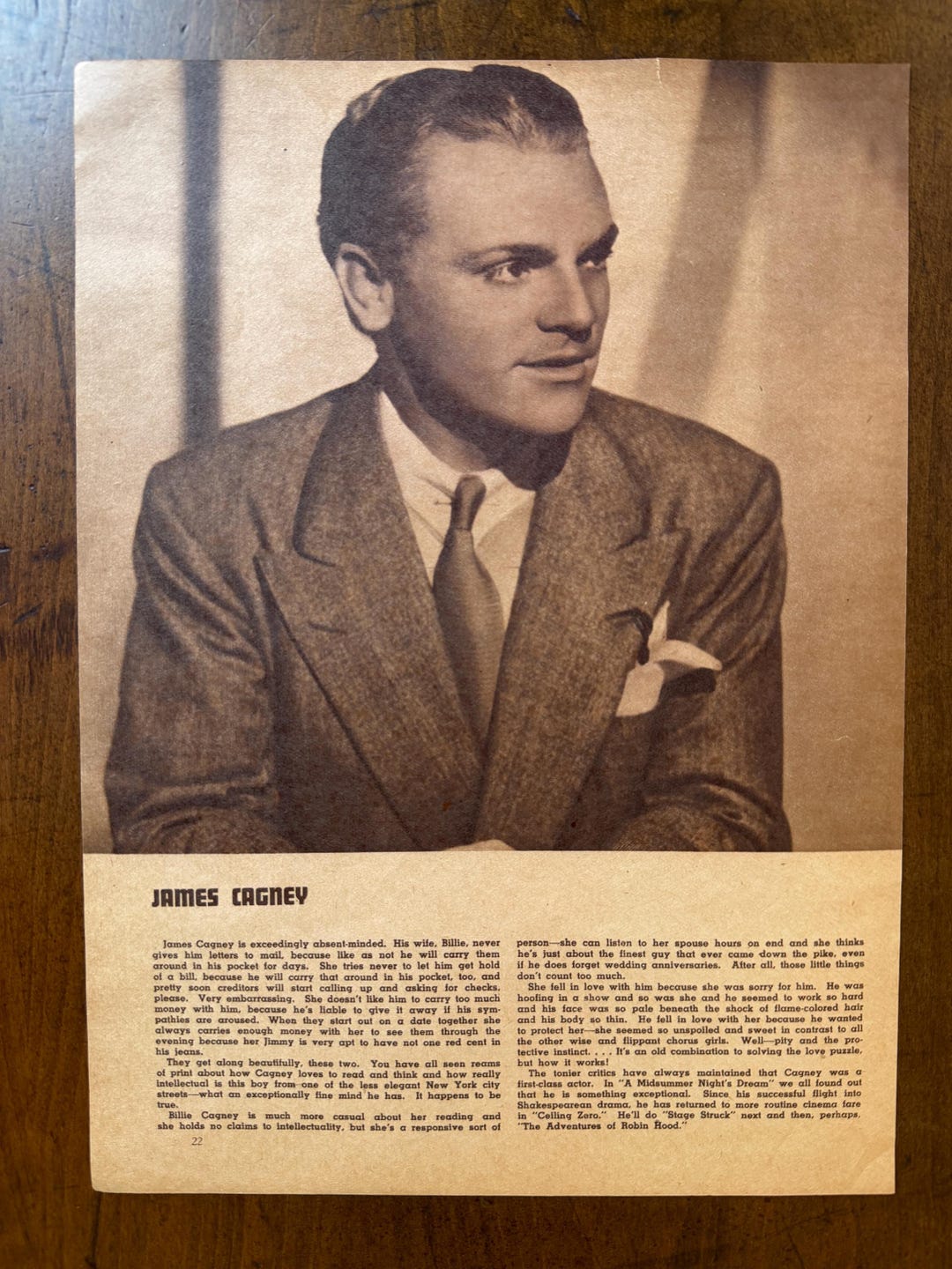 Vintage 1930s James Cagney Portrait & Biography • Old Hollywood Print