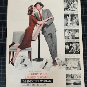 Raro annuncio pubblicitario vintage del film "Designing Women" del 1957 - Gregory Peck - Lauren Bacallvintage