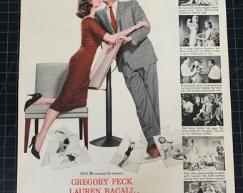 Rare vintage 1957 “designing women” film print ad - gregory peck - lauren bacall