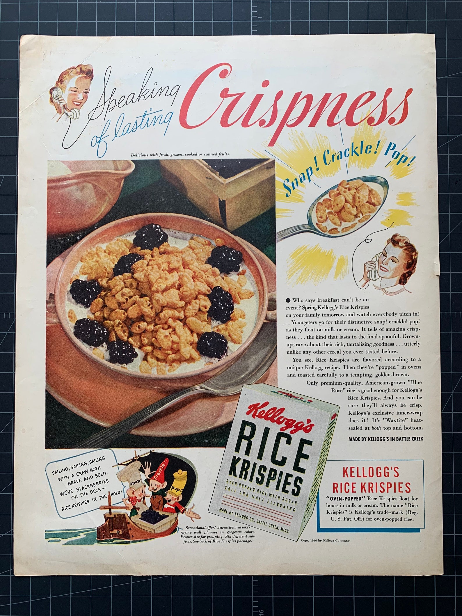 Vintage 1940 Kelloggs Rice Krispies Cereal Print Ad Etsy