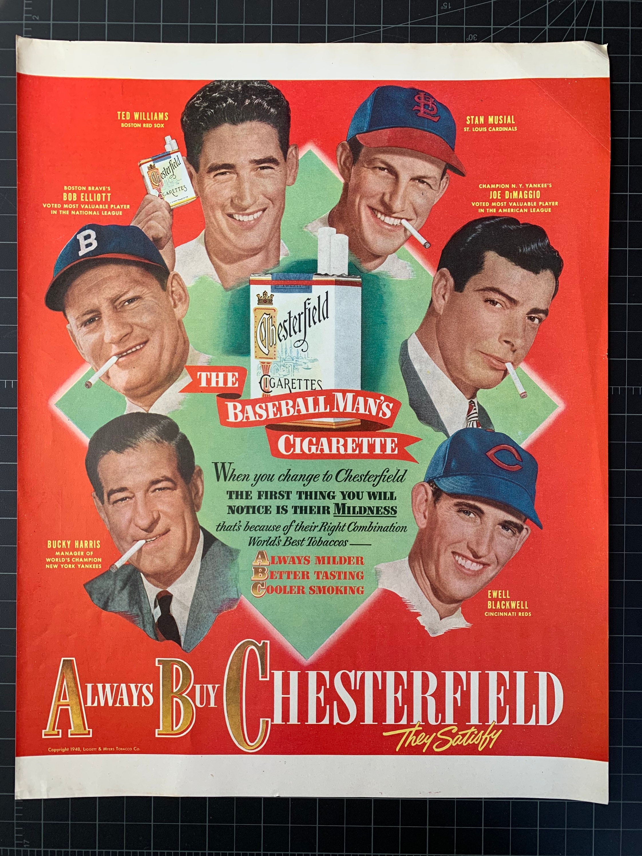 Rare Vintage 1948 Chesterfield Cigarettes Print Ad Baseball Etsy