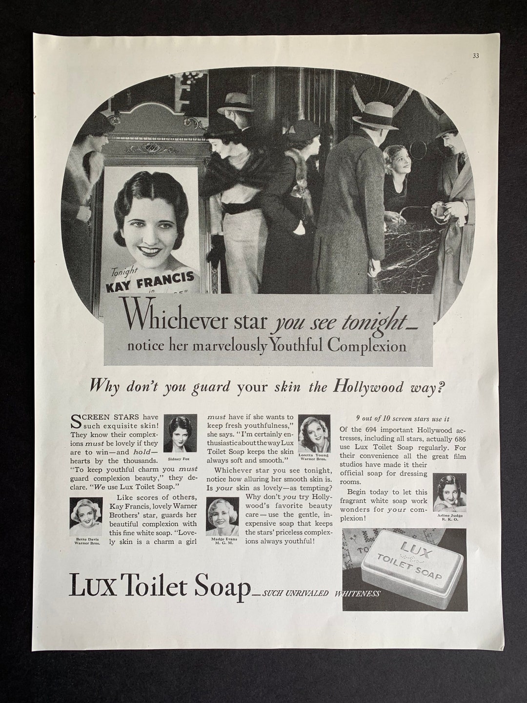 Vintage 1933 Lux Soap Kay Francis Print Ad - Etsy