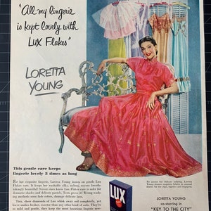 Vintage 1950 lux soap flakes detergent print ad - loretta young