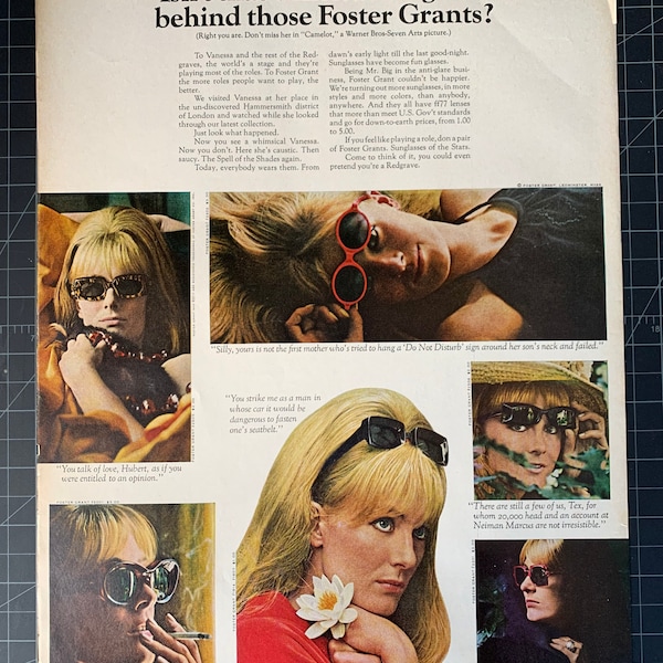 Vintage 1960s Foster Grant Sunglasses Print Ad - Vanessa Redgrave