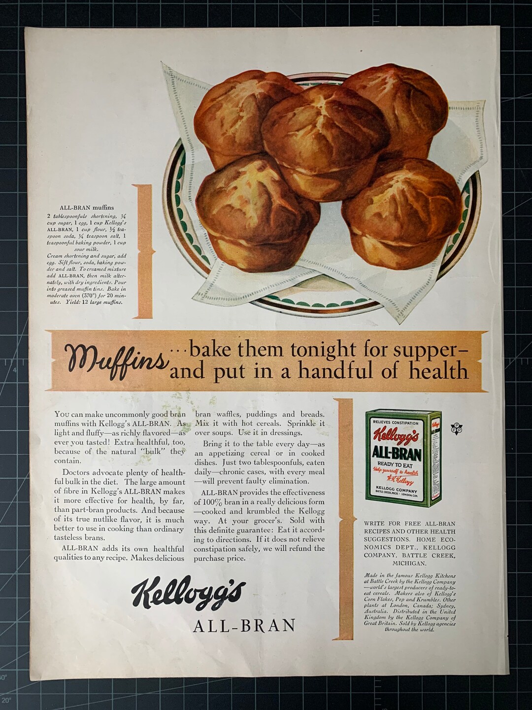 Vintage 1928 Kelloggs Allbran Cereal Print Ad Etsy