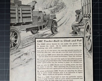 Anuncio impreso original de camionetas GMC vintage de 1916