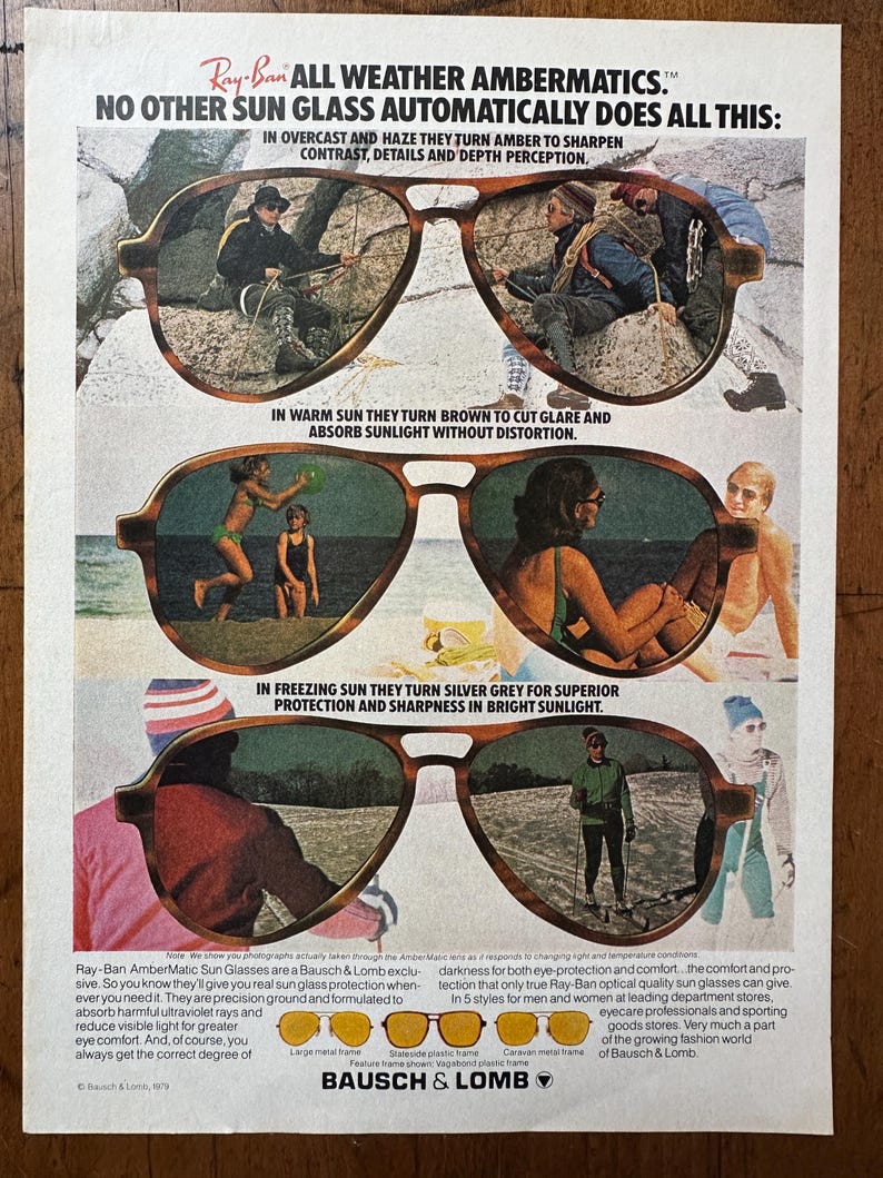 Peut inclure: Publicit&eacute; vintage pour les lunettes de soleil Ray-Ban Ambermatics. L'annonce pr&eacute;sente trois paires de lunettes de soleil avec diff&eacute;rentes teintes, d&eacute;montrant leur capacit&eacute; &agrave; s'adapter &agrave; diverses conditions de lumi&egrave;re. Le texte met en &eacute;vidence les caract&eacute;ristiques et les avantages des lunettes de soleil.